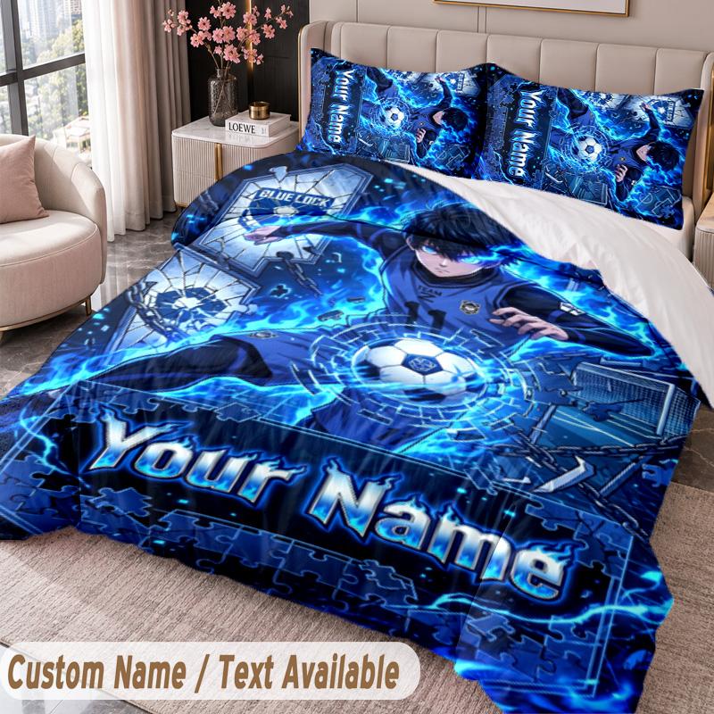 Custom Name Text 3Pcs Bedding Set Blue Lock Duvet Cover And Two Pillowcases