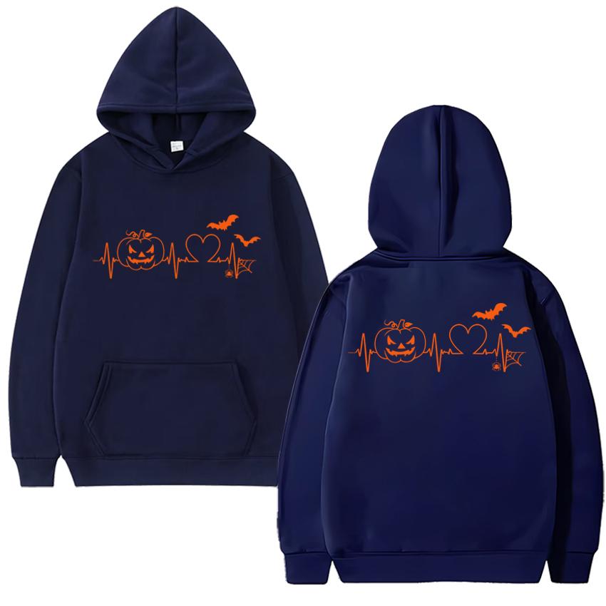 Hot Sale New Halloween Pumpkin Heartbeat Double Sided print Hoodie Unisex vintage hip hop streetwear Men women Fleece pullovers