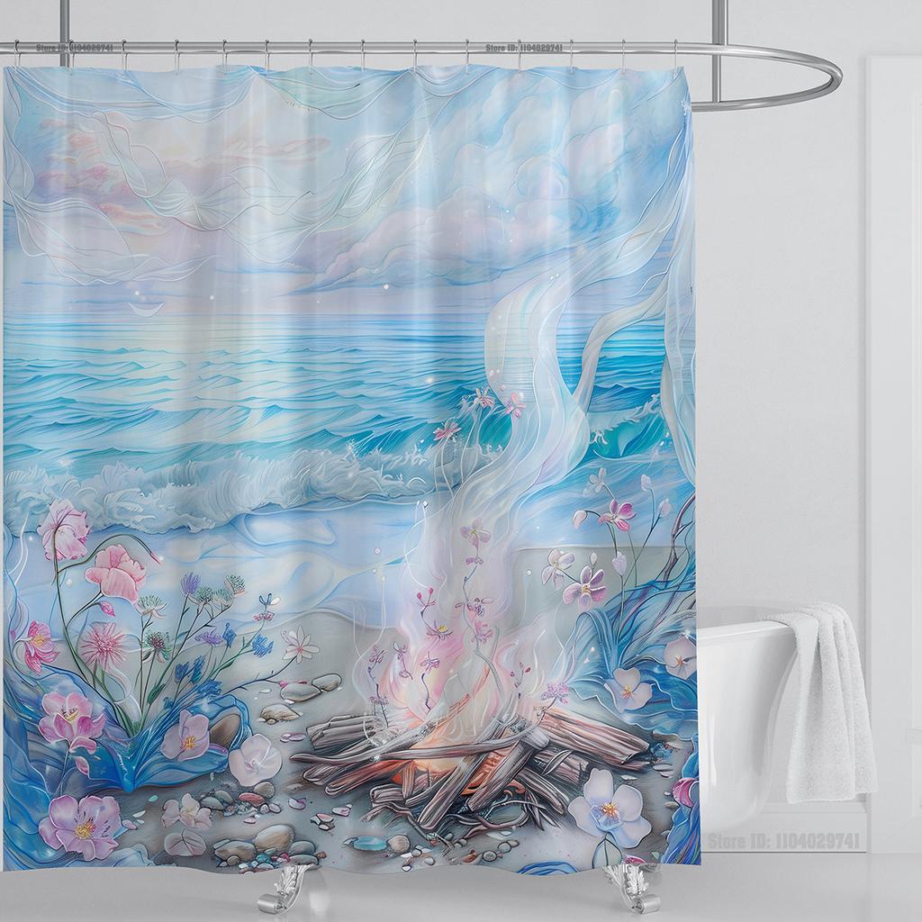 Ocean Wave Scenery Shower Curtain Waterproof Shower Curtain Polyester Fabric 3D Printed Curtain Bathroom Decoration With Hooks