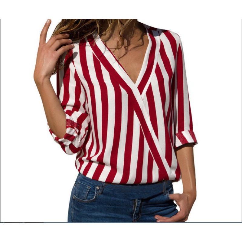 Женская полосатая женская рубашка с длинным рукавом и v-образным вырезом