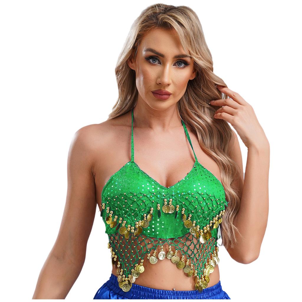 Женский бюстгальтер-топ для танца живота с бретельками через шею, сетка из пайеток, пластиковые бусины, четкие кисточки, шнуровка, укороченный топ для танцев, костюм для выступлений