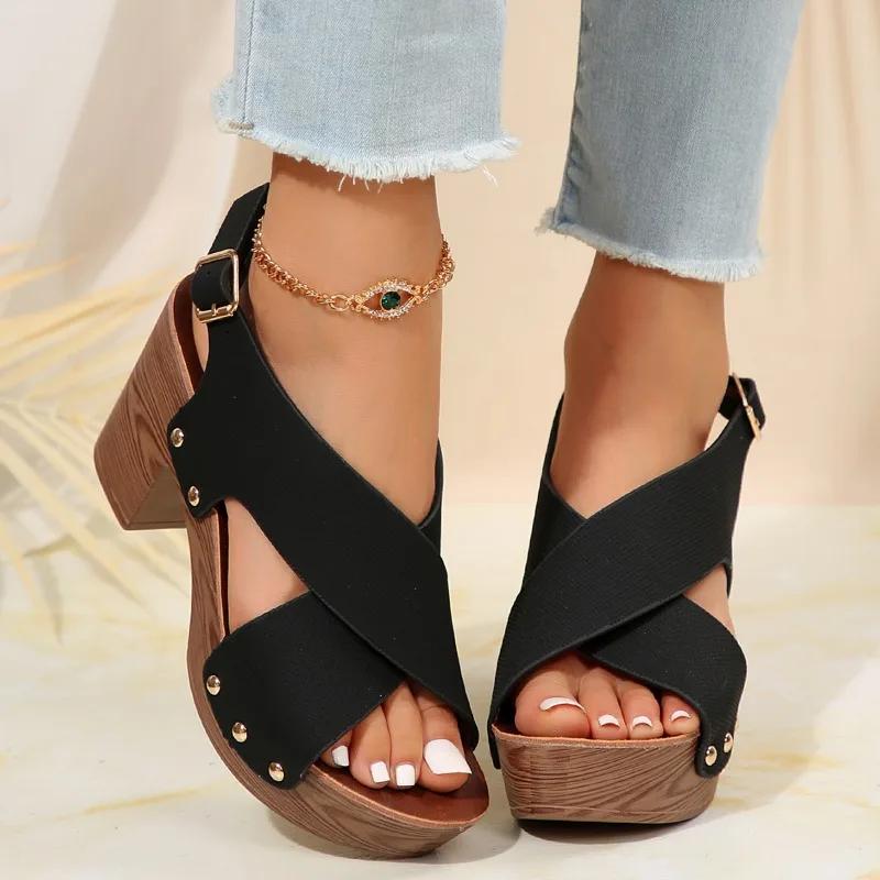 2024 New Hot Selling Fashion Versatile Solid Color Women's Sandals Buckle Comfortable Thick Sole Open Toe Summer Zapatos