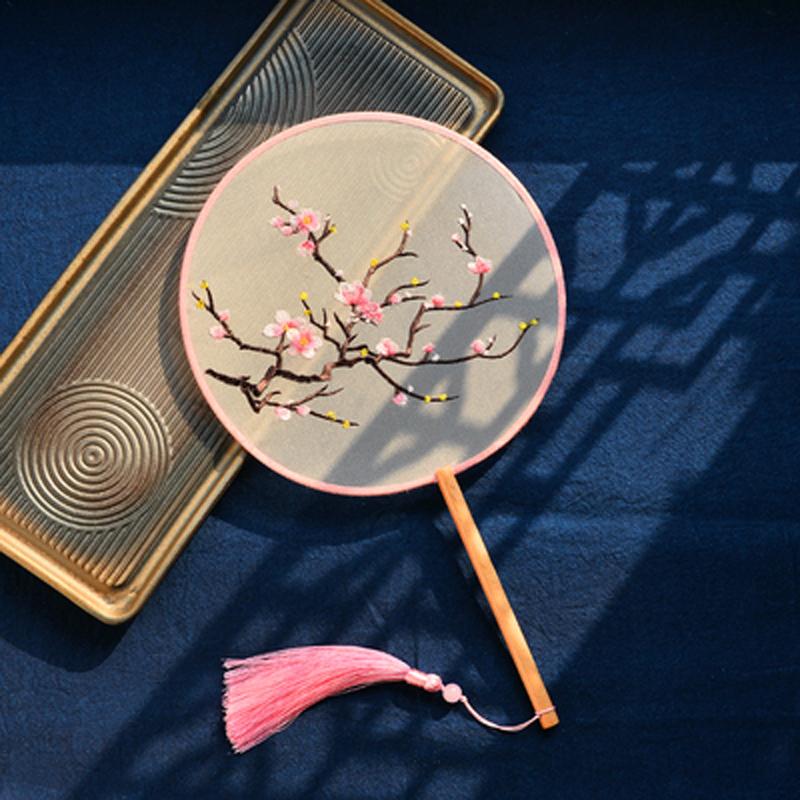 Circular Round Hand Fan, Chinese Traditional Art Embroidery, Classical, Ancient Costume, Han Fu Cheongsam with Long Handle
