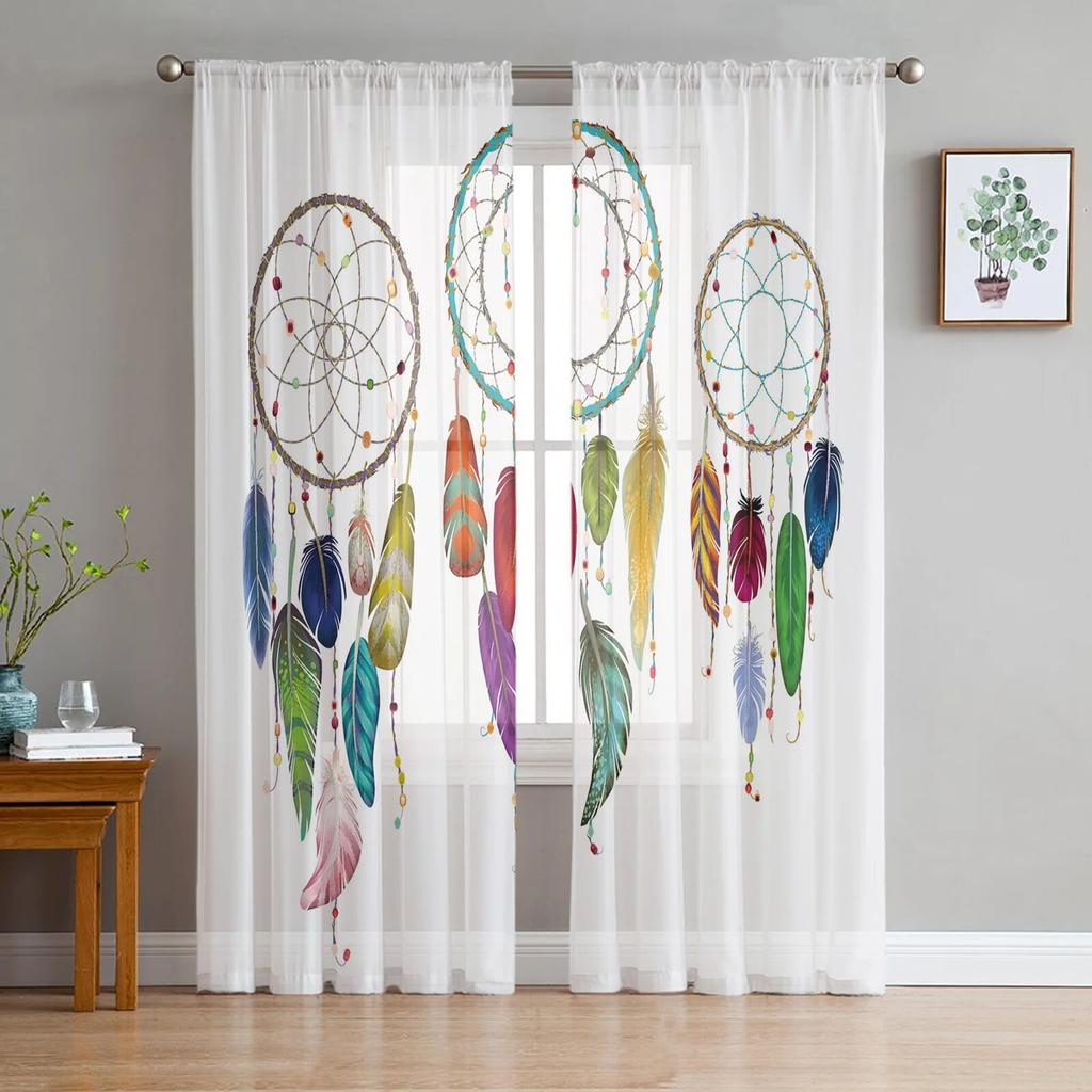 Dream Catcher Watercolor Feather Pattern Modern Tulle Curtains for Living Room Bedroom Home Kitchen Window Sheer Curtains