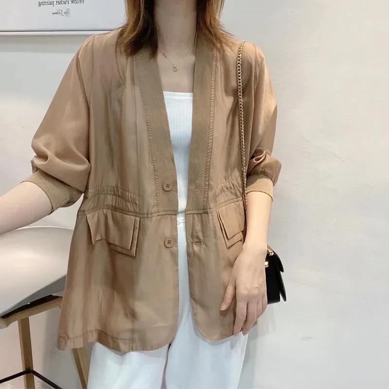 Women's Spring and Summer Solid Color Thin Blazer Temperament Cardigan Long-sleeved Commuter Tops