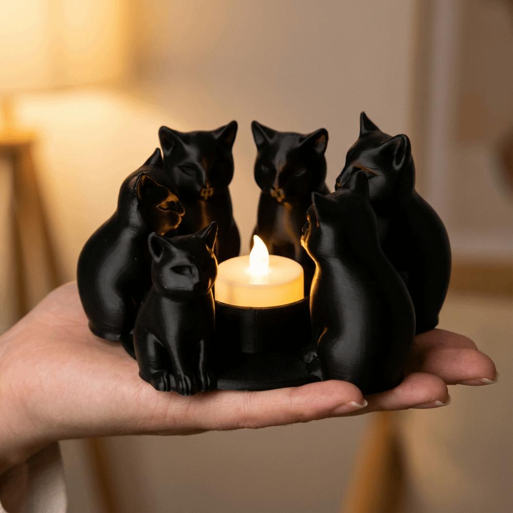Черный Кот Кольцо Подсвечник Сидящий Дизайн 3D Печатный Держатель для Свечей Набор из 6 Штук Стильные Акценты Кошачий Орнамент
