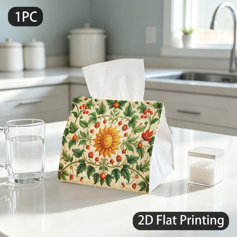 1pc Tissue Box, Vintage Ornamental Floral Sun Warm Pattern, 2D Flat Printing, Dust Blocking, Folds Flat, Napkin Box, for The Kitchen