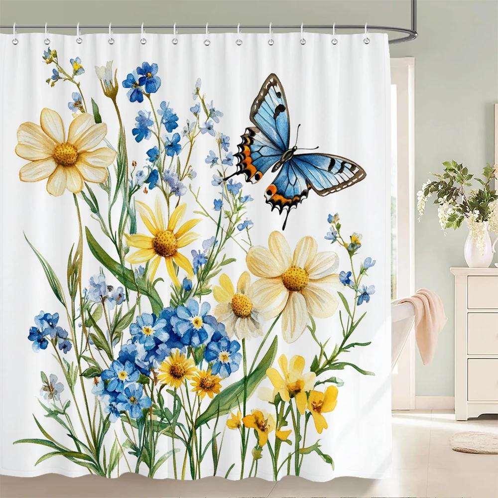 Watercolor Flowers, Leaves And Butterflies Shower Curtain Floral Printed Bathroom Bath Curtain Home Decor Curtain With Hooks