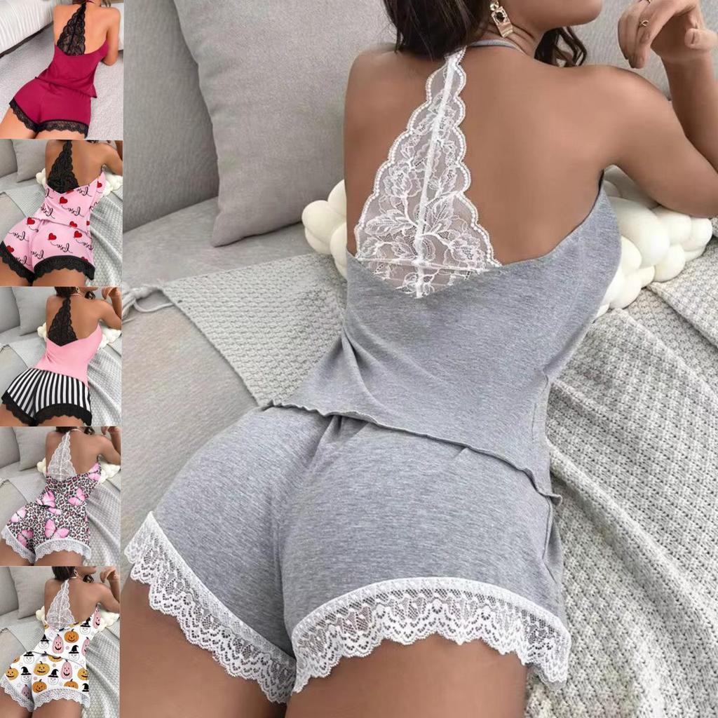 Повседневный пижамный комплект с halter-топом, кружевной отделкой и шортами