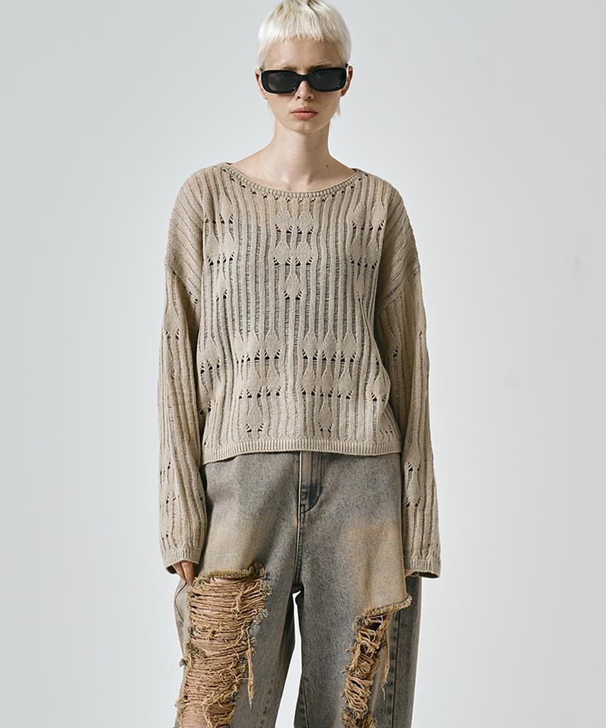 NOIRER FOR WOMAN Wool Damaged Boat Neck Knit Top (Beige)