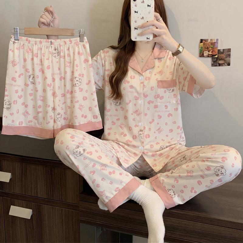 High-end leopard print imitation cotton pajamas women's spring new fashion temperament ins short-sleeved three-piece loungewear