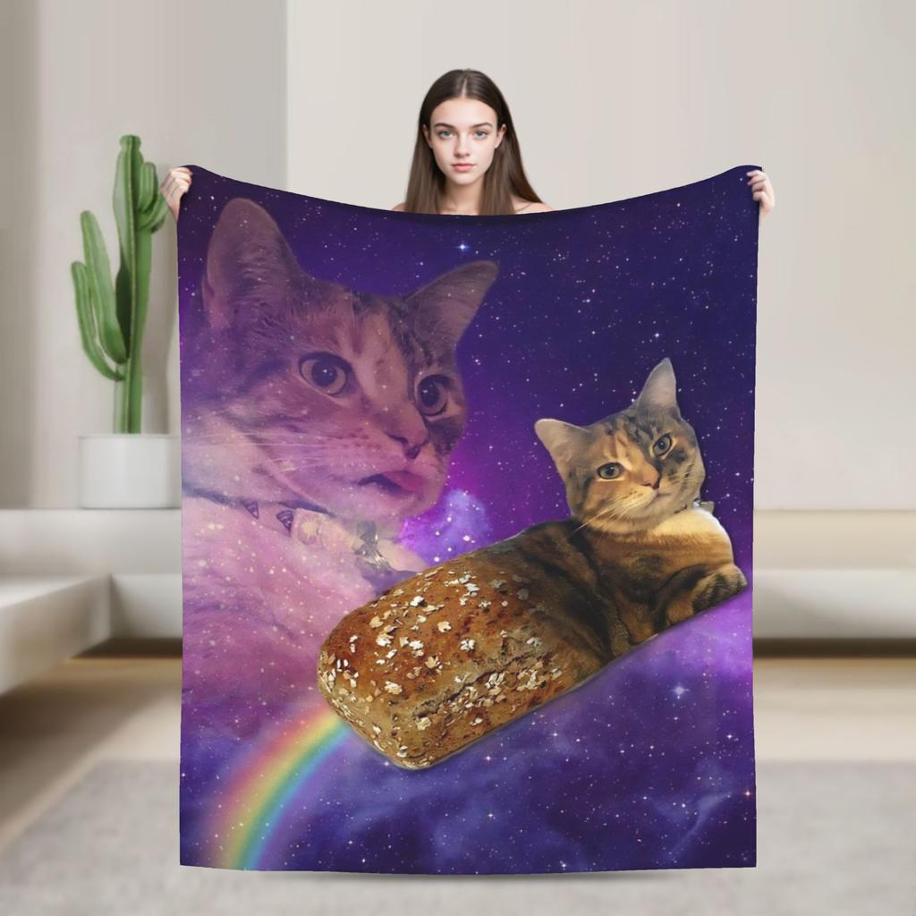 Outer Space Pizza Cat Rainbow Laser Eyes Blanket Flannel Winter Portable Soft Throw Blanket for Bedding