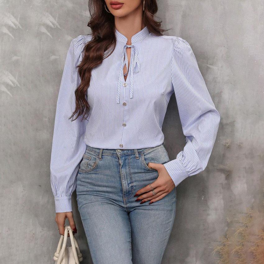 Женская весенняя повседневная рубашка с V-образным вырезом и застежкой на пуговицы в полоску с длинным рукавом
