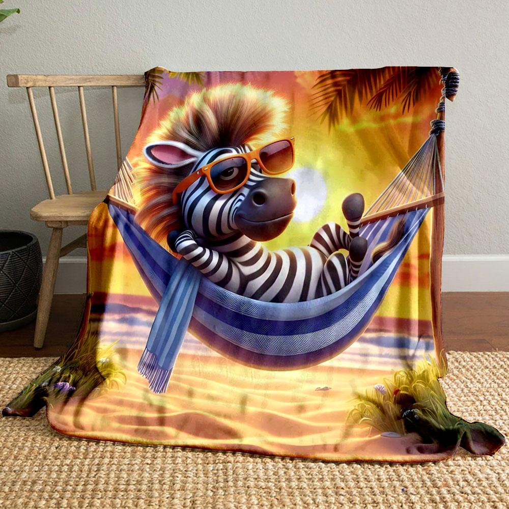 Cool Zebra Relaxing in Sunset Hammock Patterned blanket, flannel, suitable for all seasons, home decor, warm and cozy
