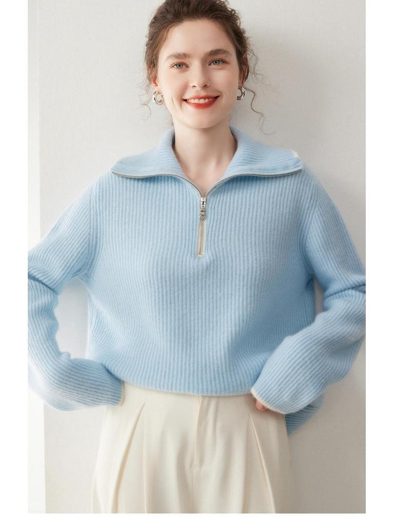 Женский кашемировый свитер в корейском стиле на молнии - Свободный, приталенный, утолщенный пуловер с отложным воротником для осени/зимы.