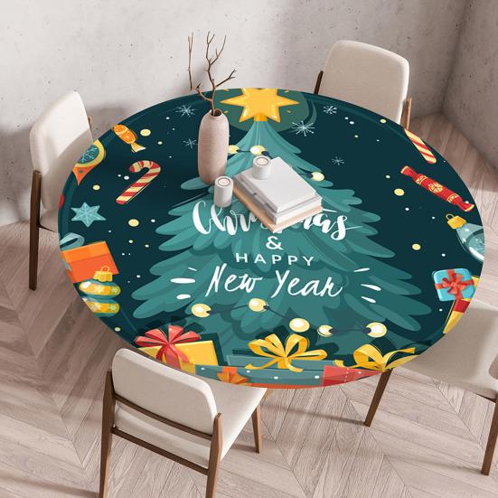 Fitted Christmas Round Tablecloth Holiday Snowflakes Table Cover with Elastic Edge Water-Resistant Christmas Tree Table Cover for Round Tables Dinner