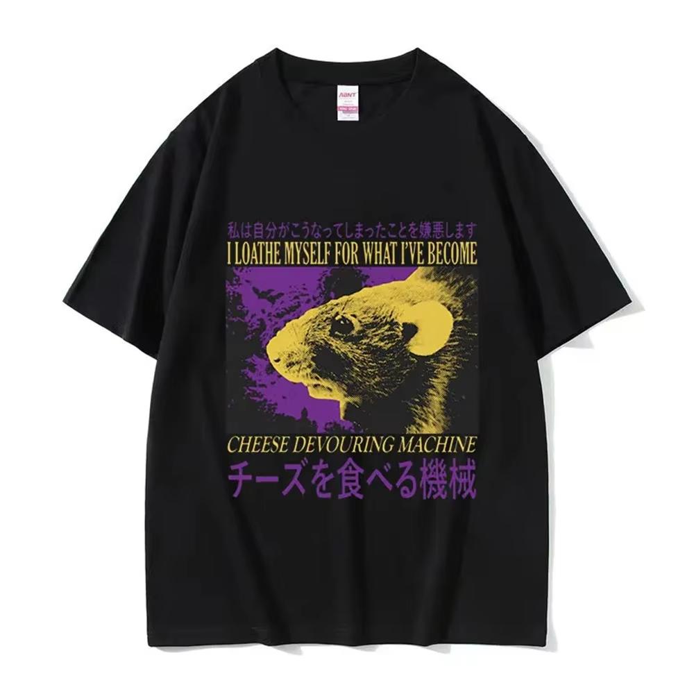 Funny Cheese Devouring Machine Japanese Rat Graphic T Shirts Unisex Vintage Fashion Oneck Oversized Tshirt Y2k Unisex