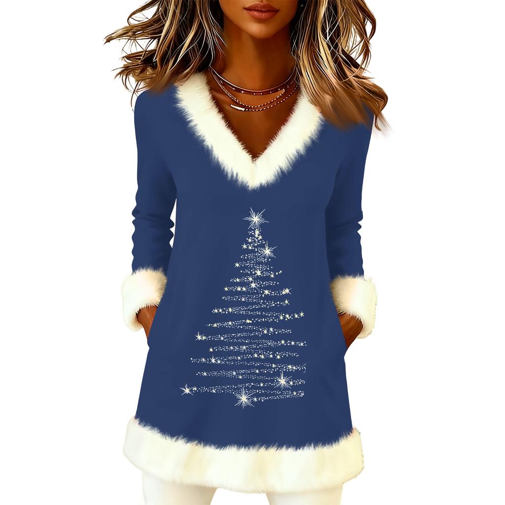 Women's Christmas Fashion Plush V-neck Pullover Sweater Solid Color Long Sleeve Top