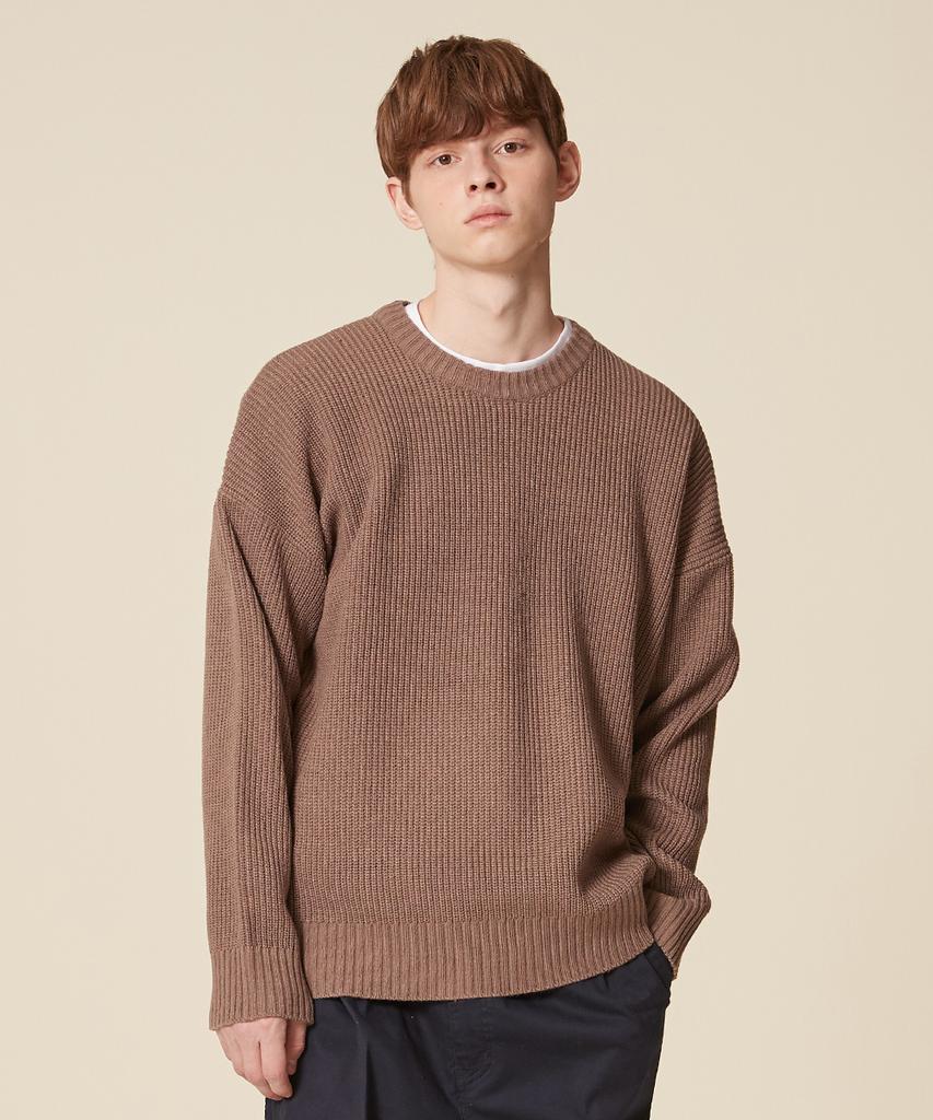 BLOND9 Crew Neck Rib Knit Sweater_Brown