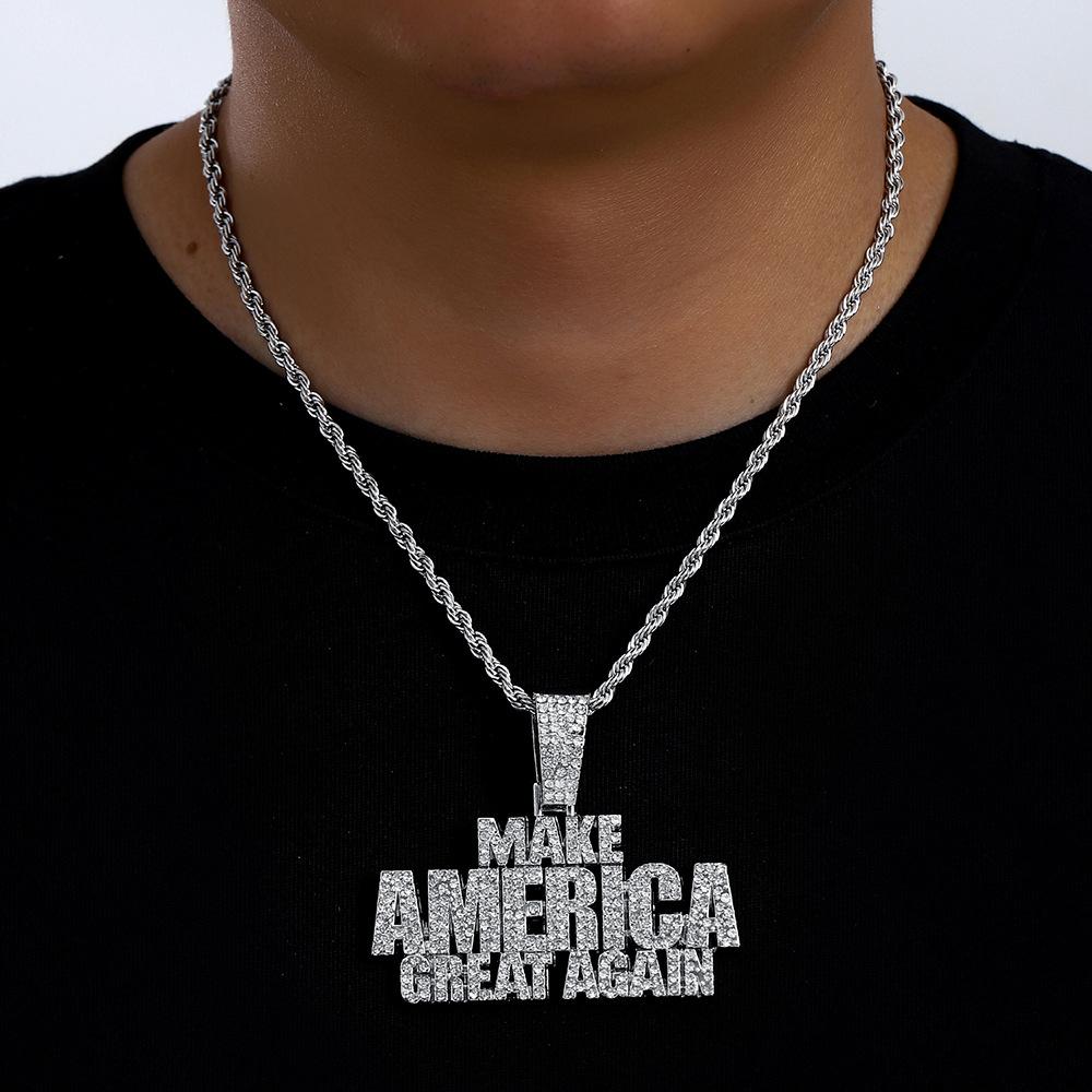 Взрывной Кулон-буква из сплава с полным покрытием бриллиантами Make America Create AGAIN Мужское Хип-Хоп Ожерелье