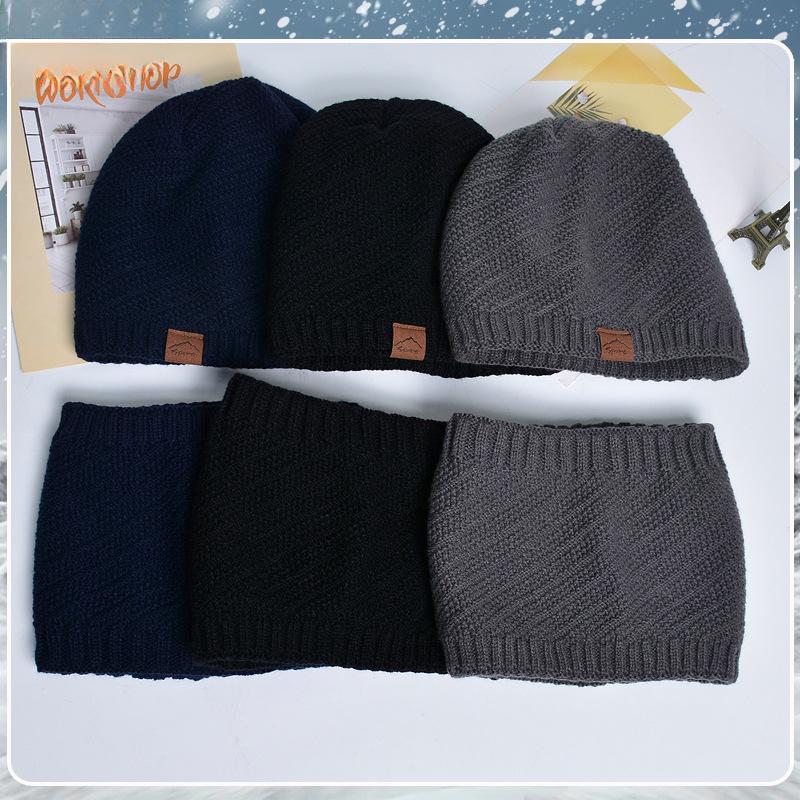 Knitted Hat Two-Piece Winter Fleece-lined Warm Hat Scarf Earflaps Slipover Woolen Cap Men