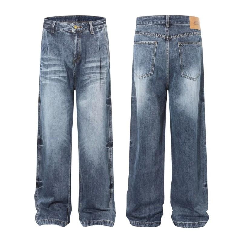Mens Relaxed Straight Cut Distressed Washed Denim Jeans Wide Leg Long Pants Streetwear Hip Hop