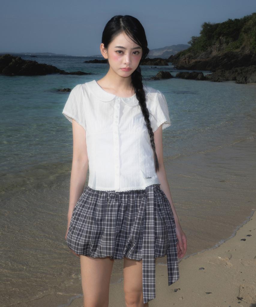 ROSEFRANTZ Round Collar Short Sleeve Blouse [Ivory]