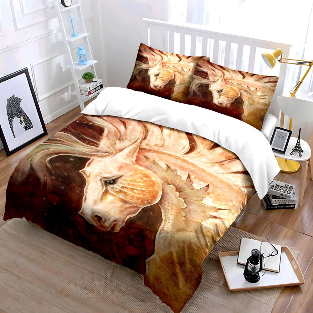 Golden horse with feathers. Bedding sets Duvet cover sets Duvet covers Pillowcases(1 * Duvet Cover 2 * Pillowcases, without duvet insert)