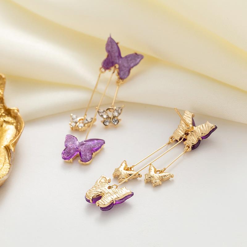 Purple Butterfly Earrings, Small Fresh And Sweet Long Slightly Inlaid Earrings, Light Luxury And High-End Earrings For Women.