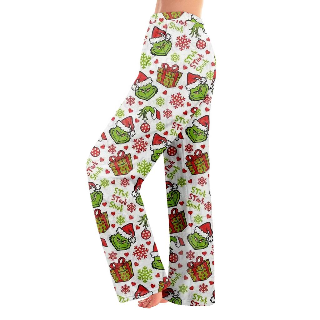 Женские зимние брюки, длинные брюки, рождественские принтованные брюки