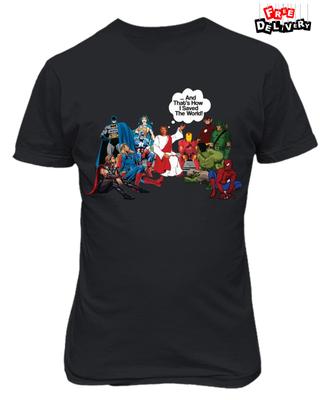 Jesus With Heroes Funny Graphic Tee, Christian Humor Saved the World T-Shirt