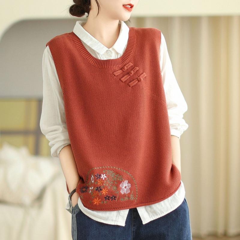 Женский вязаный жилет с культурной застежкой-пуговицей и вышивкой, новинка весны и осени, свитер-жилет с круглым вырезом