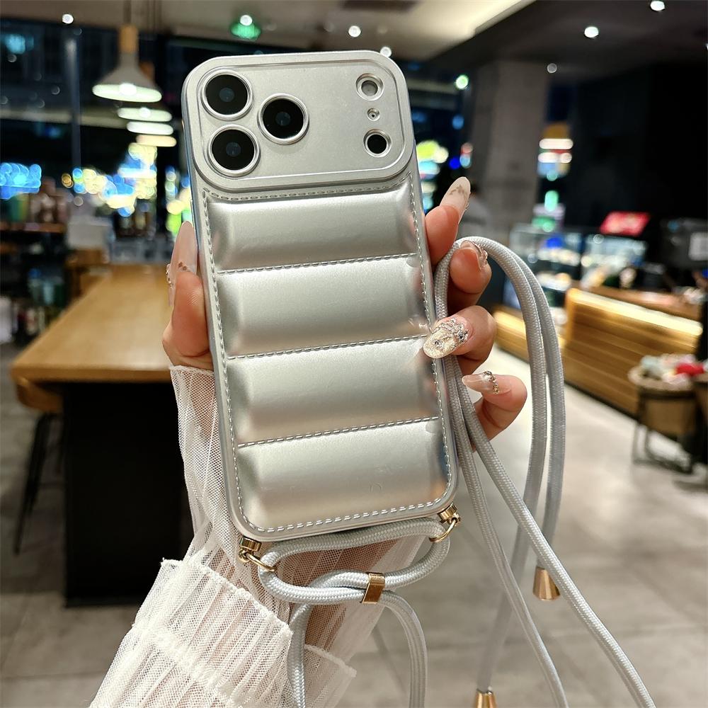 Мягкий пуховик Чехол-шнурок через плечо для iPhone 17 16 15 14 13 12 11 Pro Max Plus Air XR XS Max Длинный ремешок Чехол однотонный