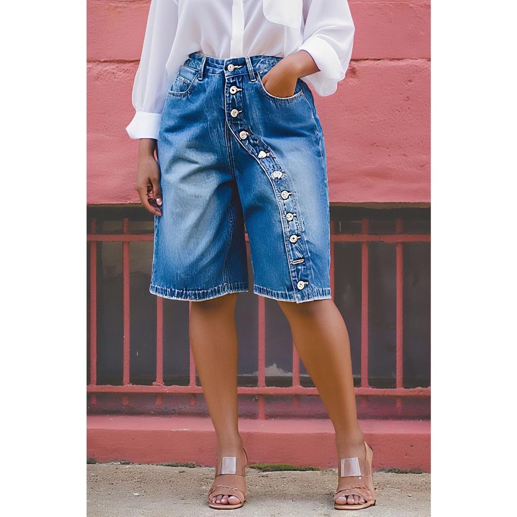 Women's High Rise Straight Leg Multi Button Bermuda Shorts Loose Fit Streetwear Denim Shorts For Summer Daily Wear