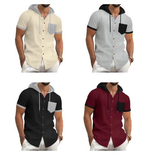 Мужская летняя футболка с капюшоном, короткий рукав, застежка на пуговицы, нагрудный карман, вафельный цветной блок, повседневная футболка с капюшоном для спортзала, уличная одежда