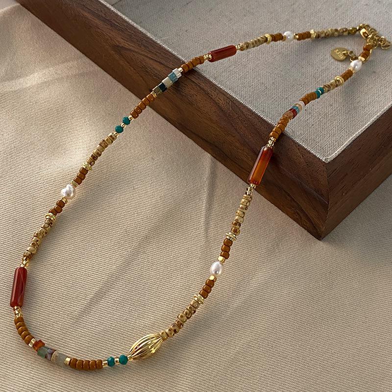 Red Stone Necklace, Freshwater Pearl Sweater Chain, Accessories, New Atmosphere, Medieval Collarbone Chain Women