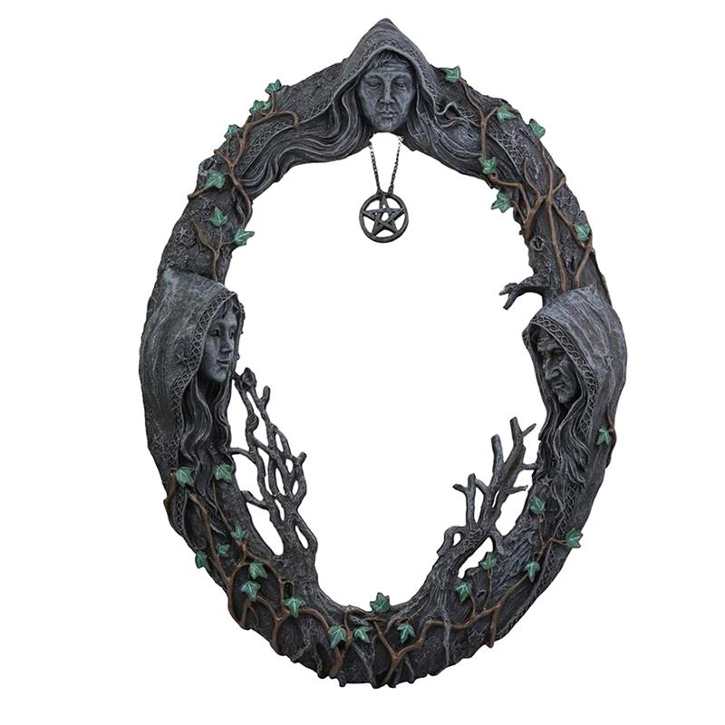 Goddess Triple Moon Celtic Sacred Mother Maiden Crone Wall Hanging Mirror With Pentagram Amulet Pendant Plaque Decor