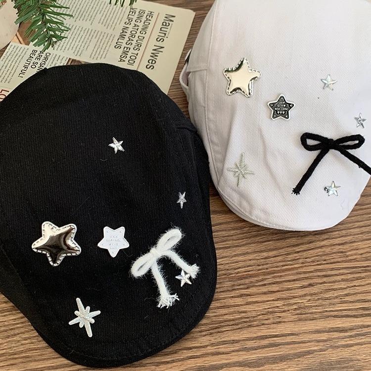 Star bow black forward hat retro versatile big head circumference beret showing face small painter hat tide