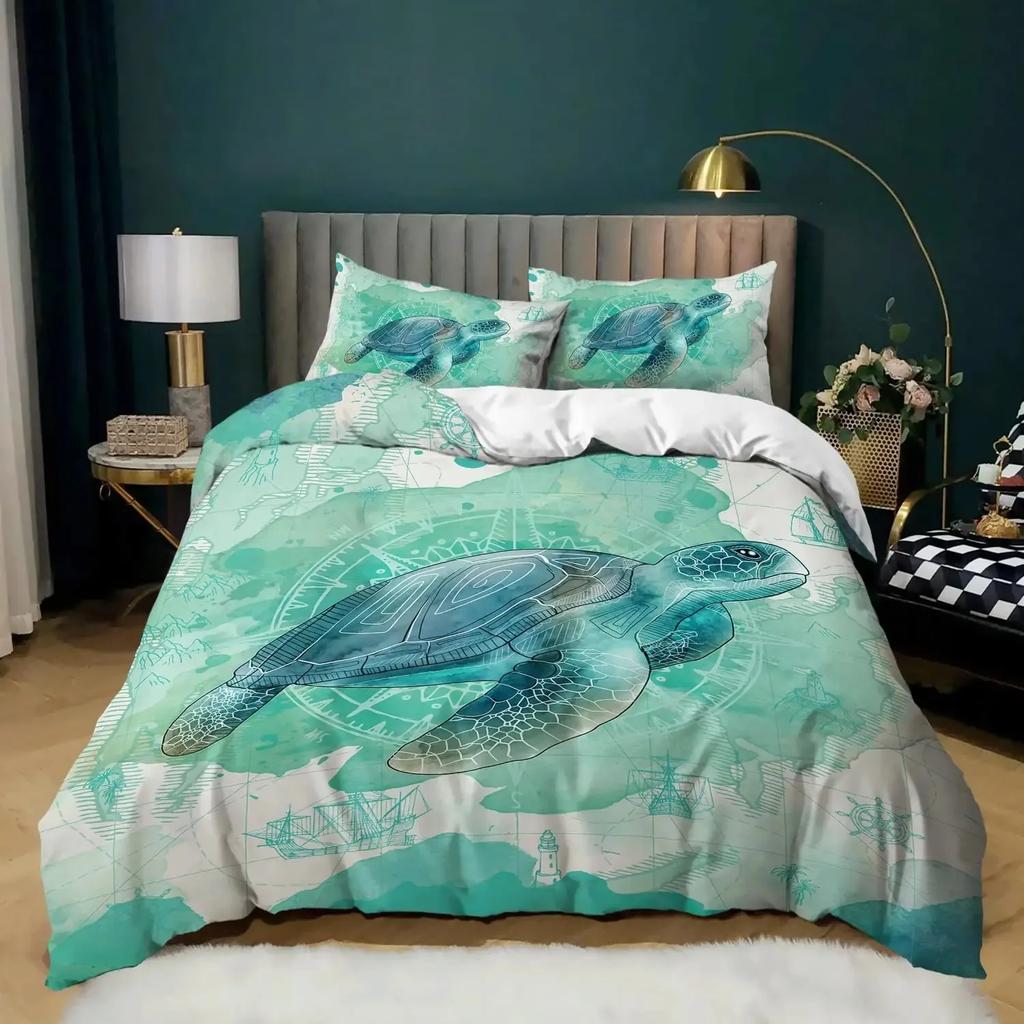 Sea Turtle Duvet Cover Set Full Size,octopus Seahorse Whale Bedding Set Teal Ocean Themed Mediterranean Style Beach Quilt Cover
