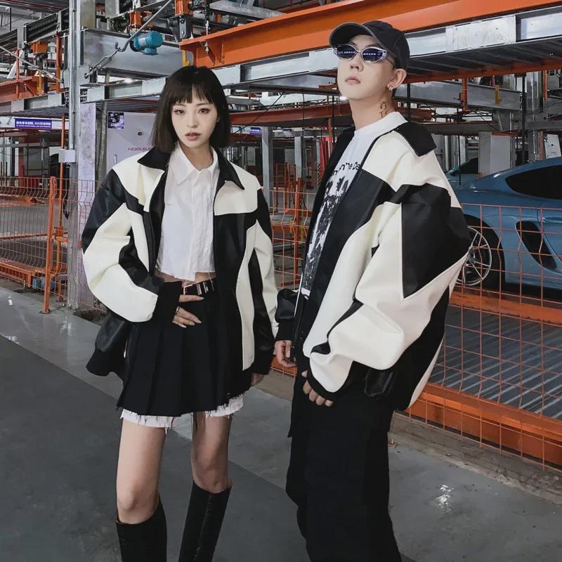 Мужская кожаная куртка в гонконгском стиле: Корейская мода осень/зима, молодежный свободный крой, контрастные цвета, повседневная верхняя одежда для мотоциклистов