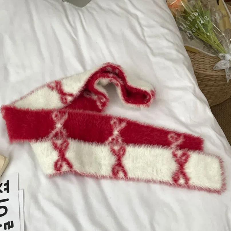 Тонкий двухсторонний шарф Y2k, длинный, цветной блок, защита шеи, ретро бант, вязаный шейный платок, для девочек