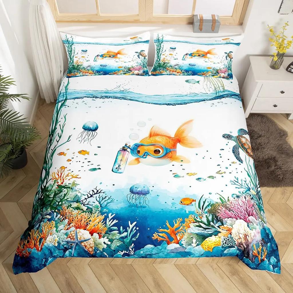 Goldfish Bedding Set Fantasy Yin Yang Fish Duvet Covet Cherry Blossom Flowers Theme Blue Sea Wave Breathable Bedding Set