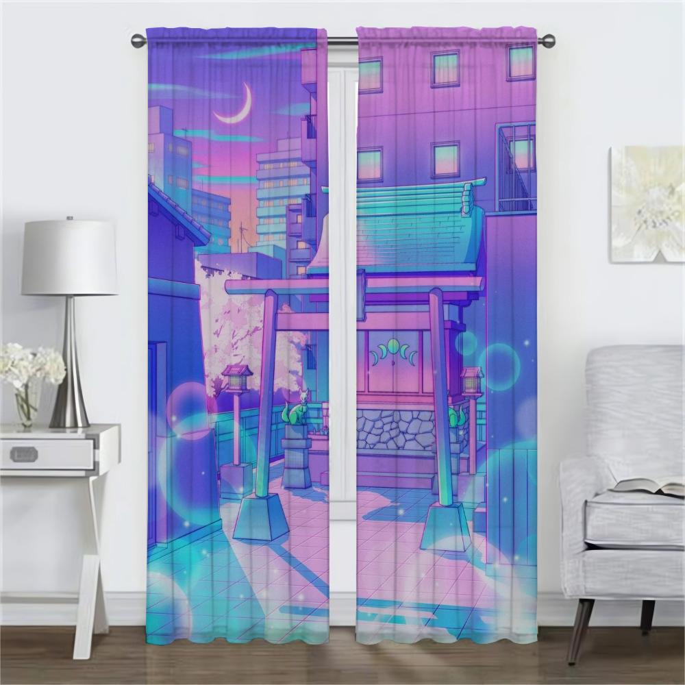 City Pop Curtains for Bedroom Halloween Decoration Kitchen Curtains 2 Pieces Window Curtain Partition Living Room Curtain Shades