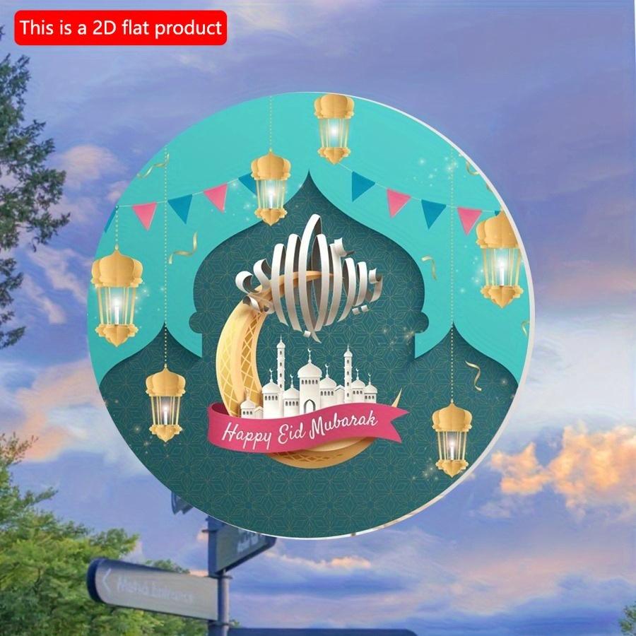 2D Flat 20*20cm1pc Happy Eid Mubarak Magnificent Mosque&lantern Patterns Good Quality Round Wooden Pendant, Celebrate Eid Golden Moon Ceiling Hanging