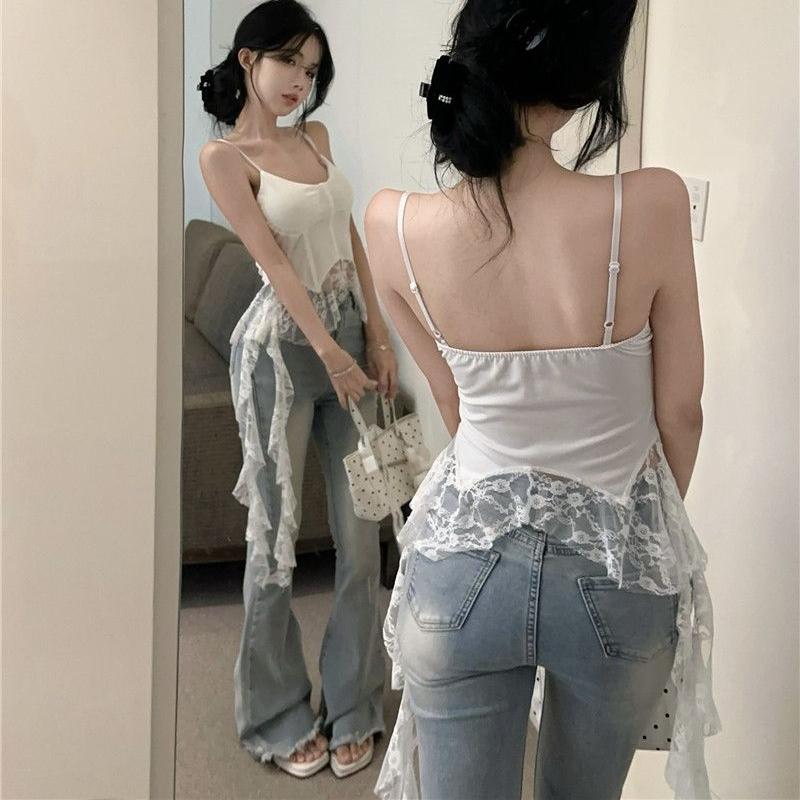 Французский стиль Spicy Girl кружевной лоскутный жилет-камисоль с подушкой на груди облегающий топ с нерегулярными лентами для женщин
