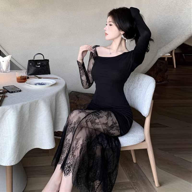 Женское французское элегантное сексуальное кружевное длинное платье