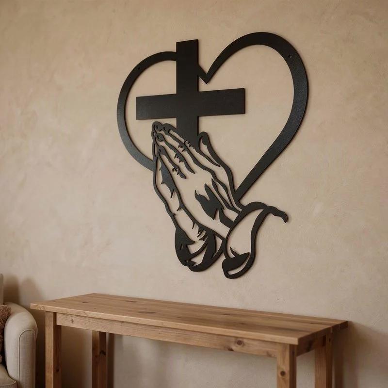 Matte Finish Metal Wall Hanging Prayer Hands Cross Heart Decor Retro Wall Art for Bedroom Living Room Home Decoration