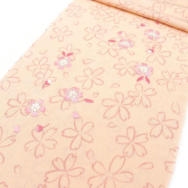 Used Long-sleeved kimono sash, light cream color, Yuzen cherry blossoms with cherry blossom embroidery, pure silk, 100% silk, crepe, charming lapis