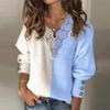 Women Lace Patchwork Sweater Sweater Button Knit Pullover V-neck Knit Pullover Top
