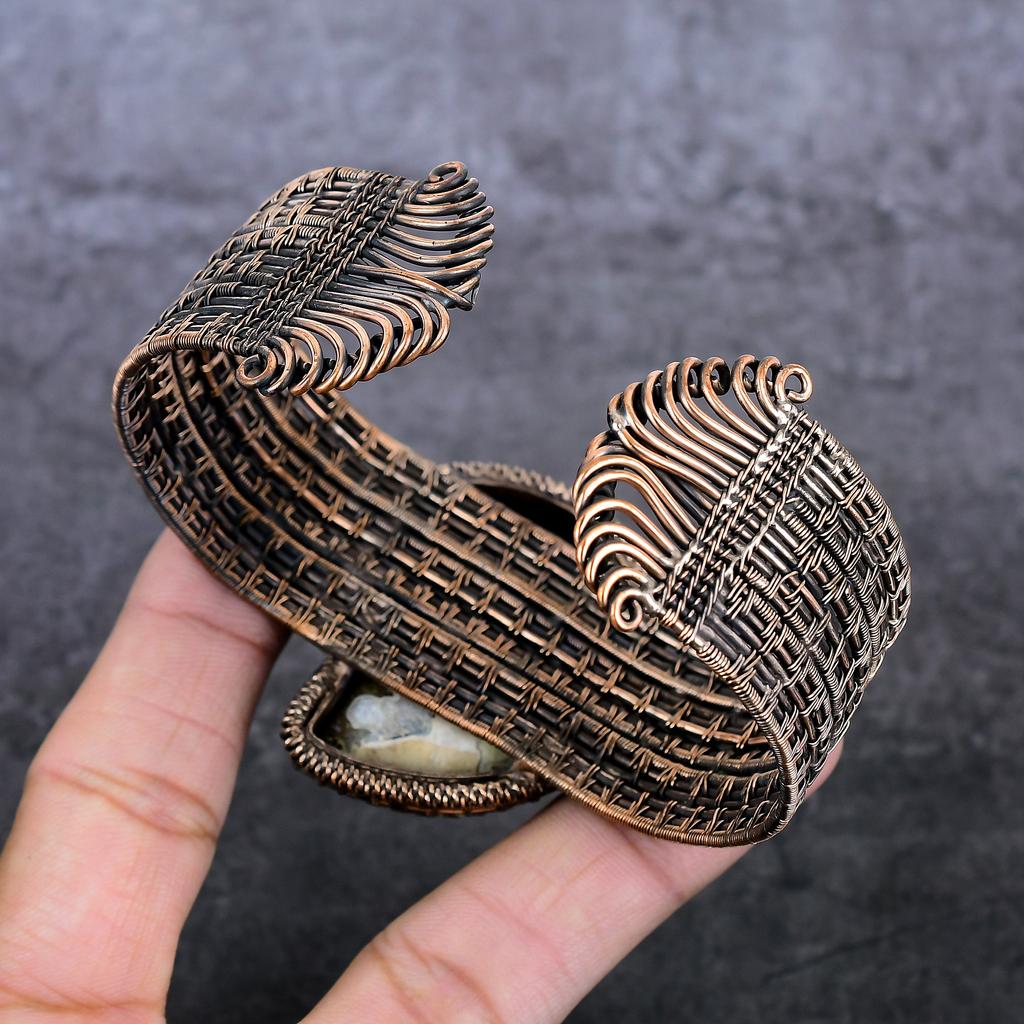 Аммонит Ископаемый Ручная Работа Медная Проволока Оплетка Браслет-Манжета Регулируемый u1F34